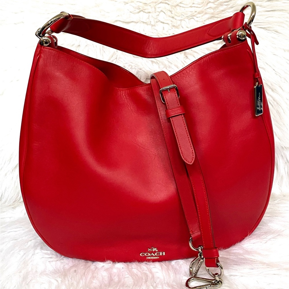 Coach Red Leather Hobo Shoulder Bag with Silver Hardware